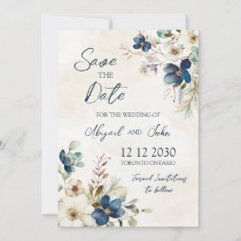 Elegant Blue Flora Winter Save the Date Card セーブザデート