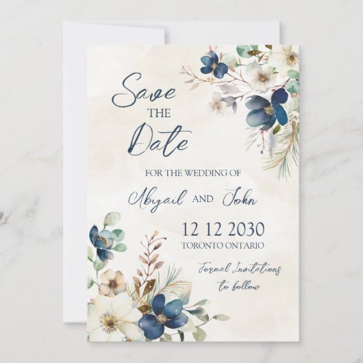 Elegant Blue Flora Winter Save the Date Card セーブザデート (正面)