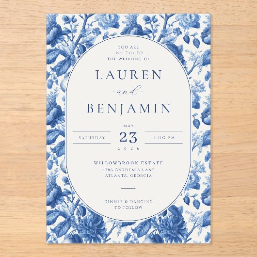 Elegant Blue Floral アクリル招待状 (正面)
