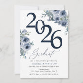Elegant Blue Floral 2026 Photo Graduation 招待状 (正面)