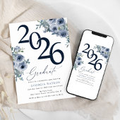 Elegant Blue Floral 2026 Photo Graduation 招待状