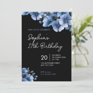 Elegant Blue Floral 27th Birthday Party Invitation 招待状