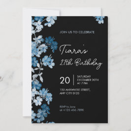 Elegant Blue Floral 27th Birthday Party Invitation 招待状
