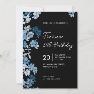 Elegant Blue Floral 27th Birthday Party Invitation 招待状