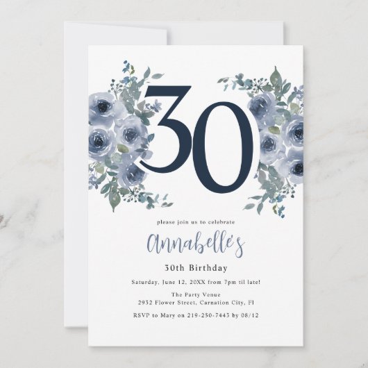 Elegant Blue Floral 30th Birthday 招待状 (正面)