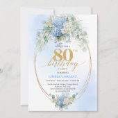 Elegant Blue Floral 80th Birthday Party Invitation 招待状 (正面)