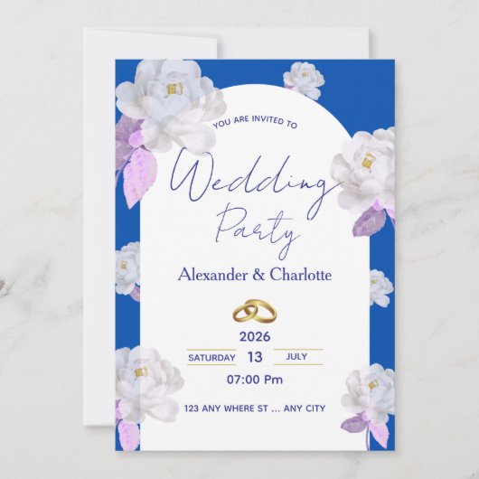 Elegant Blue Floral Arch Wedding Invitation 招待状 (正面)