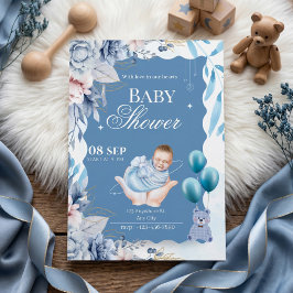 Elegant Blue Floral Baby Boy Welcome 招待状