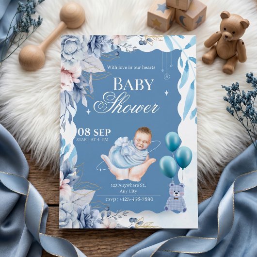 Elegant Blue Floral Baby Boy Welcome 招待状