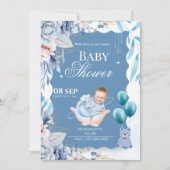 Elegant Blue Floral Baby Boy Welcome 招待状 (正面)