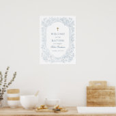 Elegant Blue Floral Baptism Welcome ポスター (キッチン)