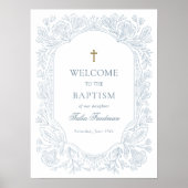 Elegant Blue Floral Baptism Welcome ポスター (正面)