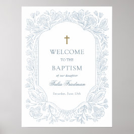 Elegant Blue Floral Baptism Welcome ポスター