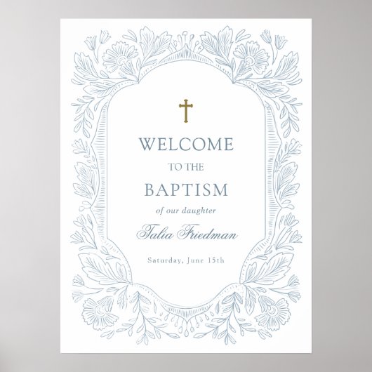 Elegant Blue Floral Baptism Welcome ポスター (正面)