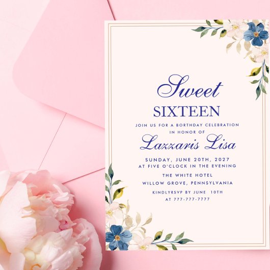 Elegant Blue Floral Birthday Party Sweet Sixteen 招待状