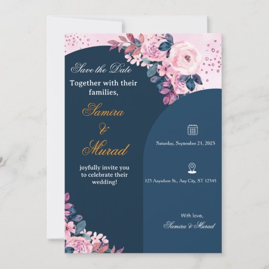 Elegant Blue Floral Boho Wedding Invitation  招待状 (正面)