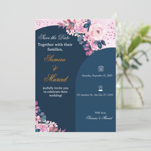 Elegant Blue Floral Boho Wedding Invitation 招待状 (スタンド正面)