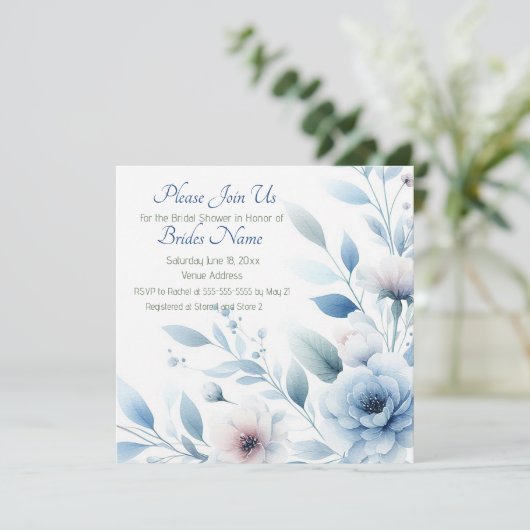 Elegant Blue Floral Bridal Shower 招待状 (スタンド正面)