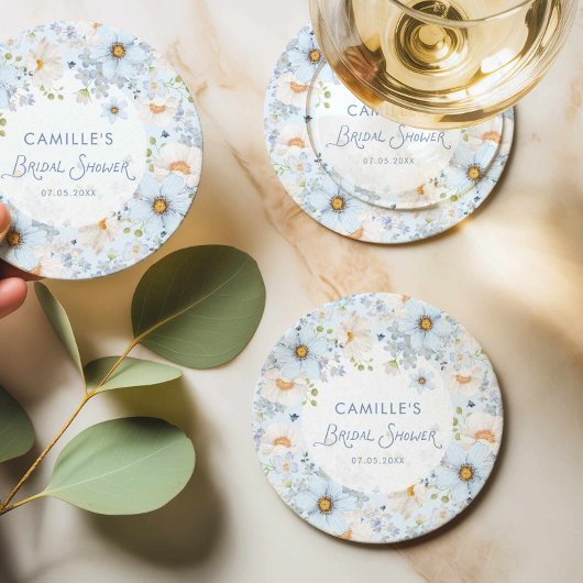 Elegant Blue Floral Bridal Shower Beverage Coaster スクエアペーパーコースター
