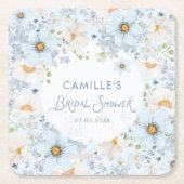 Elegant Blue Floral Bridal Shower Beverage Coaster スクエアペーパーコースター (正面)