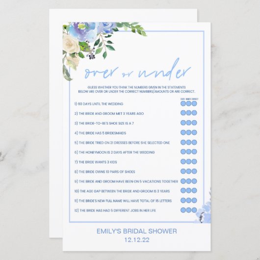 Elegant Blue Floral Bridal Shower Game Printed (正面/裏面)