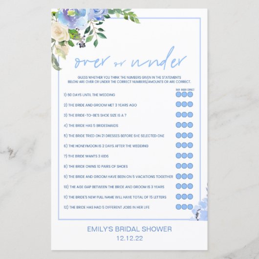 Elegant Blue Floral Bridal Shower Game Printed (正面)