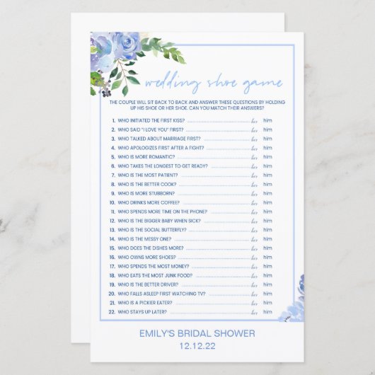 Elegant Blue Floral Bridal Shower Game Printed (正面/裏面)