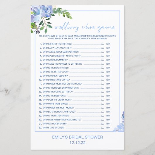 Elegant Blue Floral Bridal Shower Game Printed (正面)