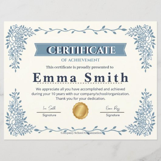 Elegant Blue Floral Certificate of Achievement Des (正面)