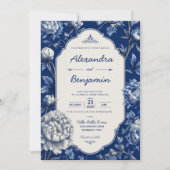Elegant Blue Floral Classic Chinoiserie Peony 招待状 (正面)