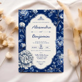 Elegant Blue Floral Classic Chinoiserie Peony 招待状