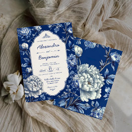 Elegant Blue Floral Classic Chinoiserie Peony 招待状