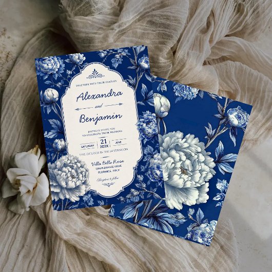 Elegant Blue Floral Classic Chinoiserie Peony 招待状