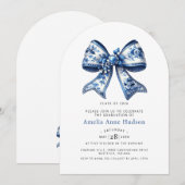 Elegant Blue Floral Coquette Bow Graduation Party 招待状 (正面/裏面)