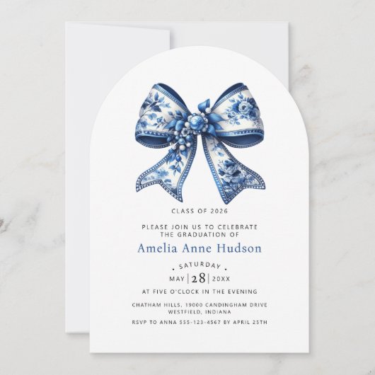 Elegant Blue Floral Coquette Bow Graduation Party 招待状 (正面)