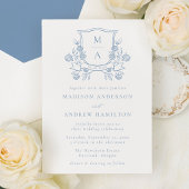 Elegant Blue Floral Crest All in One Wedding 招待状