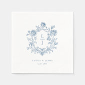 Elegant Blue Floral Crest Monogram Wedding スタンダードカクテルナプキン (正面)