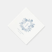 Elegant Blue Floral Crest Monogram Wedding スタンダードカクテルナプキン (角)