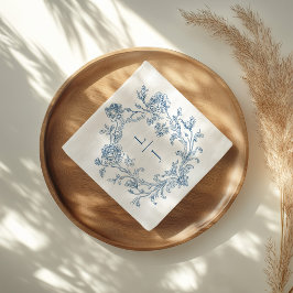 Elegant Blue Floral Crest Monogram Wedding スタンダードカクテルナプキン