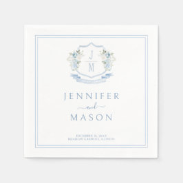 Elegant Blue Floral Crest Monogram Wedding スタンダードカクテルナプキン