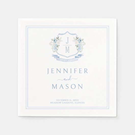 Elegant Blue Floral Crest Monogram Wedding スタンダードカクテルナプキン (正面)