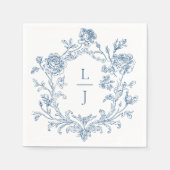 Elegant Blue Floral Crest Monogram Wedding スタンダードカクテルナプキン (正面)