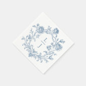 Elegant Blue Floral Crest Monogram Wedding スタンダードカクテルナプキン (角)