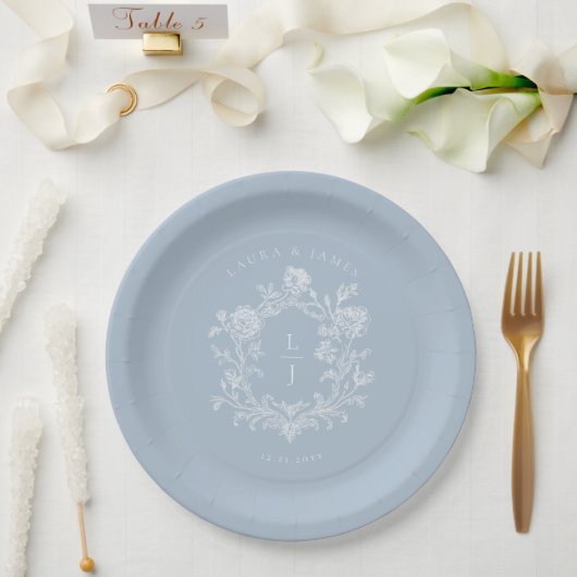 Elegant Blue Floral Crest Monogram Wedding ペーパープレート (ウェディング)