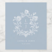 Elegant Blue Floral Crest Monogram Wedding ワインラベル (シングルラベル)