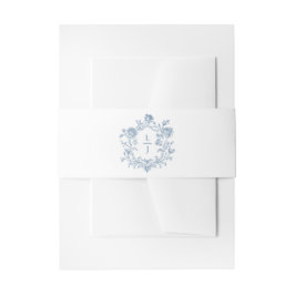 Elegant Blue Floral Crest Monogram Wedding Invite 招待状ベリーバンド