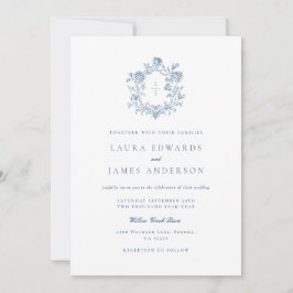 Elegant Blue Floral Crest Striped Back Wedding 招待状