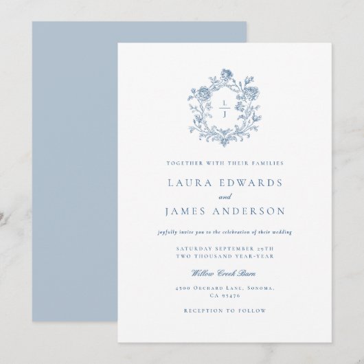 Elegant Blue Floral Crest Striped Back Wedding 招待状 (正面/裏面)