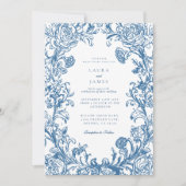 Elegant Blue Floral Crest Striped Back Wedding 招待状 (正面)