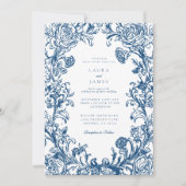 Elegant Blue Floral Crest Striped Back Wedding 招待状 (正面)